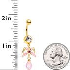 Clear Pink Gem Gold Tone Pink Bow Dangle Belly Ring