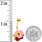 Red Pink Blue Gem Gold Tone Multi Flower Belly Ring