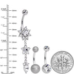 Clear Gem Flower Sandblasted Dangle Belly Ring Set of 3