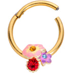 16G 3/8 Red Blue Gem Gold Tone Multi Flower Hinged Segment Ring