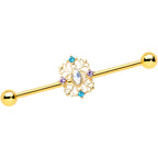 14G White Synthetic Opal Gold Tone Web Industrial Barbell 38mm