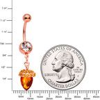 Clear Brown Gem Rose Gold Tone Fall Autumn Acorn Dangle Belly Ring