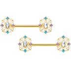 14G 9/16 White Synth Opal Gold Tone Web Barbell Nipple Ring Set