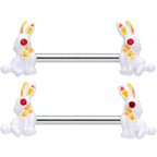 14G 9/16 Red Gem White Easter Rabbit Barbell Nipple Ring Set