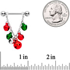 14G 5/8 Red Green Bell Christmas Chain Dangle Nipple Ring Set