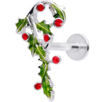 16G 5/16 Pink CZ Gem Candy Cane Holly Labret Monroe Tragus