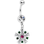 Clear Pink Green Gem Snowflake Holiday Dangle Belly Ring