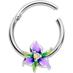 16G 3/8 Clear Gem Purple Iris Flower Hinged Segment Ring