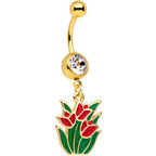 Clear Gem Gold Tone Red Tulip Flowers Dangle Belly Ring