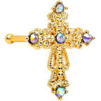 20G 1/4 Aurora CZ Gem Gold Tone Subtle Cross Nose Bone