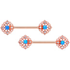 14G 9/16 Blue Synthetic Opal Rose Gold Tone Lacy Nipple Ring Set