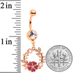 White Synthetic Opal Rose Gold Tone Pink Flower Dangle Belly Ring