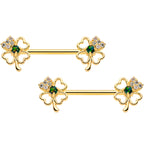 14G 9/16 Green Synthetic Opal Gold Tone Shamrock Nipple Ring Set