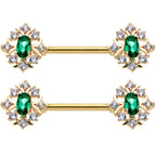 14G 1/2 Clear Green Gem Gold Hue Art Deco Barbell Nipple Ring Set