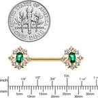 14G 1/2 Clear Green Gem Gold Hue Art Deco Barbell Nipple Ring Set