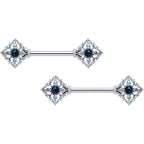 14G 9/16 Clear Blue Gem Textured Rhombus Cross Nipple Ring Set