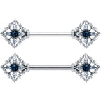 14G 9/16 Clear Blue Gem Textured Rhombus Cross Nipple Ring Set