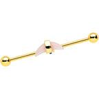 14G Pink Gem Gold Tone Crescent Industrial Barbell 38mm