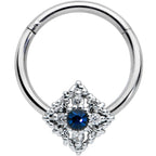 16G 3/8 Clear Blue Gem Textured Rhombus Cross Hinged Segment Ring