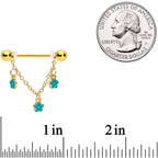 14G 9/16 Gold Tone Blue Flowers Chain Dangle Nipple Ring Set