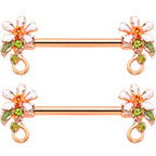 14G 9/16 Green Gem Rose Gold Tone Orange Flower Nipple Ring Set