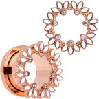 Clear Gem Rose Gold Tone White Leaves Screw Fit Tunnel Plug Set