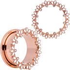 Clear Gem Rose Gold Tone White Leaves Screw Fit Tunnel Plug Set