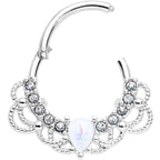 16G 3/8 White Faux Opal Lace Lover Hinged Segment Ring