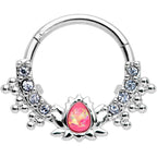 16G 3/8 Pink Faux Opal Stylized Lotus Hinged Segment Ring