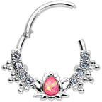 16G 3/8 Pink Faux Opal Stylized Lotus Hinged Segment Ring