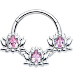 16G 3/8 Pink CZ Gem Triple Lotus Hinged Segment Ring