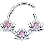 16G 3/8 Pink CZ Gem Triple Lotus Hinged Segment Ring