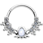 16G 3/8 White Faux Opal Stylized Lotus Hinged Segment Ring