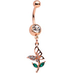 Clear Gem Rose Gold Tone Perching Floral Butterfly Dangle Belly Ring