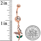 Clear Gem Rose Gold Tone Perching Floral Butterfly Dangle Belly Ring