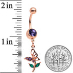 Purple Gem Rose Gold Tone Perching Floral Butterfly Dangle Belly Ring