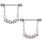 14G 9/16 Pink Gem Link Heart Valentine Dangle Nipple Ring Set