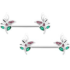 14G 9/16 Pink Green Gem Floral Butterfly Nipple Ring Set