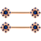 14G 9/16 Blue Gem Rose Gold Tone Wicked Web Nipple Ring Set