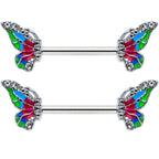 14G 1/2 Clear Gem Bright Beauty Butterfly Barbell Nipple Ring Set