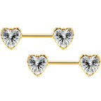 14G 9/16 Clear CZ Gold Tone Heart Love Valentine Nipple Ring Set