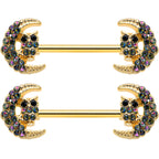 14G 5/8 Aurora Gem Gold Tone Owl Moon Barbell Nipple Ring Set