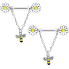 14G 9/16 Clear Gem Daisy Bee Chain Dangle Barbell Nipple Ring Set