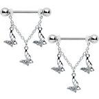 14G 9/16 Clear Gem Open Butterfly Chain Dangle Nipple Ring Set