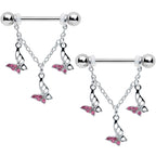 14G 9/16 Pink Gem Open Butterfly Chain Dangle Nipple Ring Set