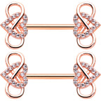 14G 1/2 Clear CZ Gem Rose Gold Hue Infinity Heart Nipple Ring Set