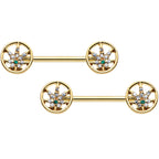 14G 9/16 Clear Green Gem Gold Hue Pot Leaf Circle Nipple Ring Set