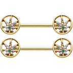 14G 9/16 Clear Green Gem Gold Hue Pot Leaf Circle Nipple Ring Set