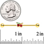 14G Red Gem Gold Tone Tasty Cherry Fruit Industrial Barbell 38mm