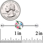 14G Little Blue Bird Pink Flowers Industrial Barbell 38mm
